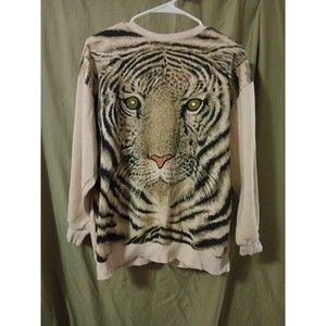 VTG Jeweled Tiger Sweater Beaded No Brand No Tags Sweatshirt Tan Face Medium